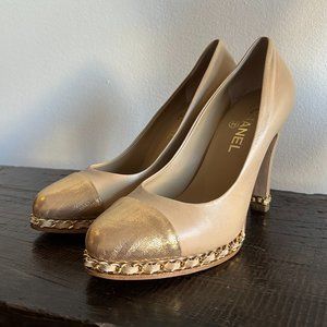 CHANEL Shoes: Beige/Gold Pumps with Chain Link Trim